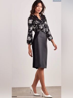 Ellen Tracy vegan leather black modern professional edgy chic Ponte skirt XS